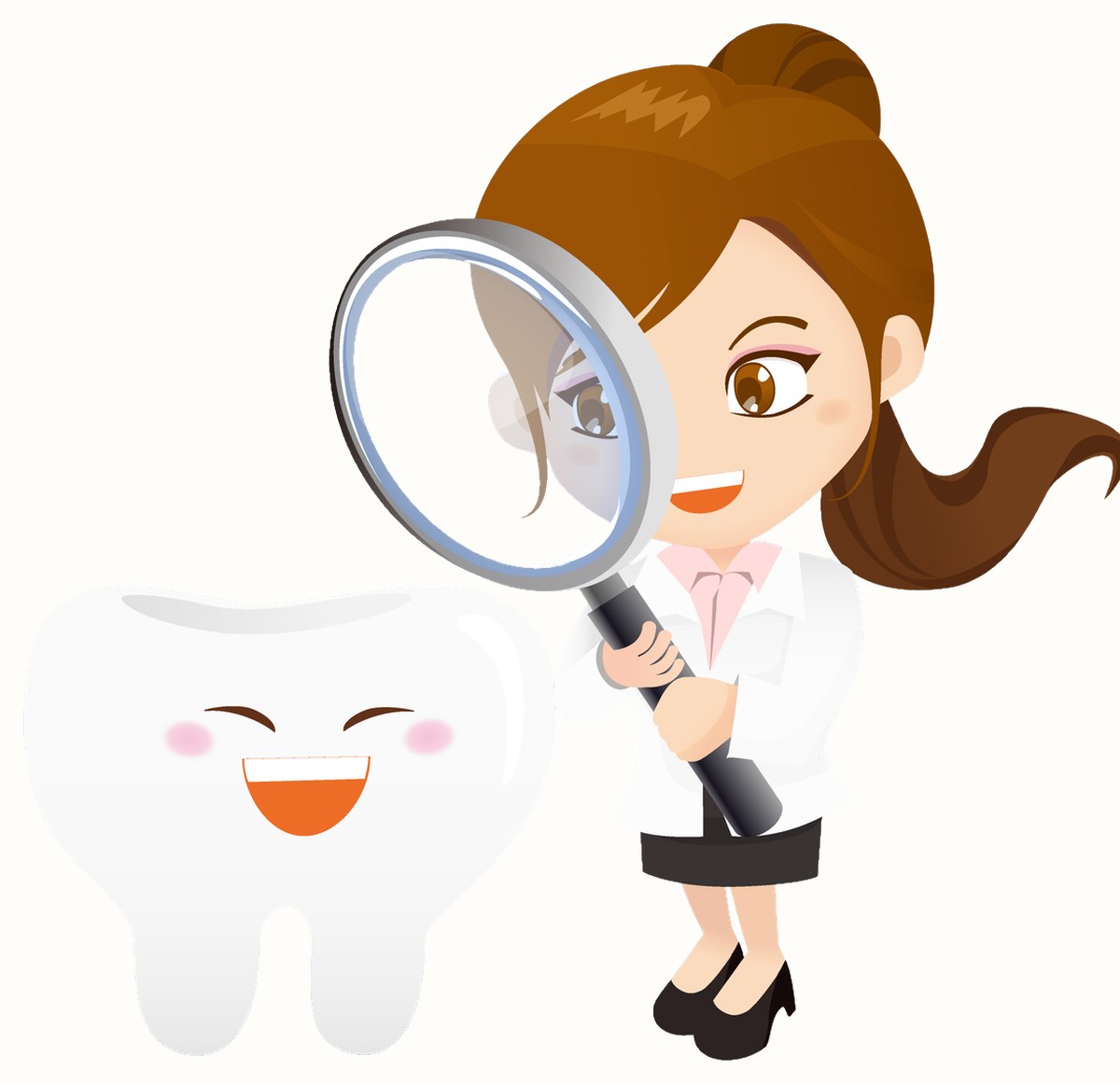 Illustration of a dentist examining a smiling tooth through a magnifying glass