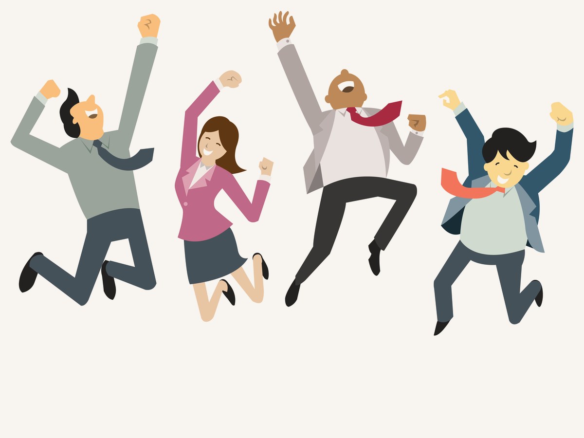 Illustration of four happy TruCare Dentistry patients celebrating with raised arms